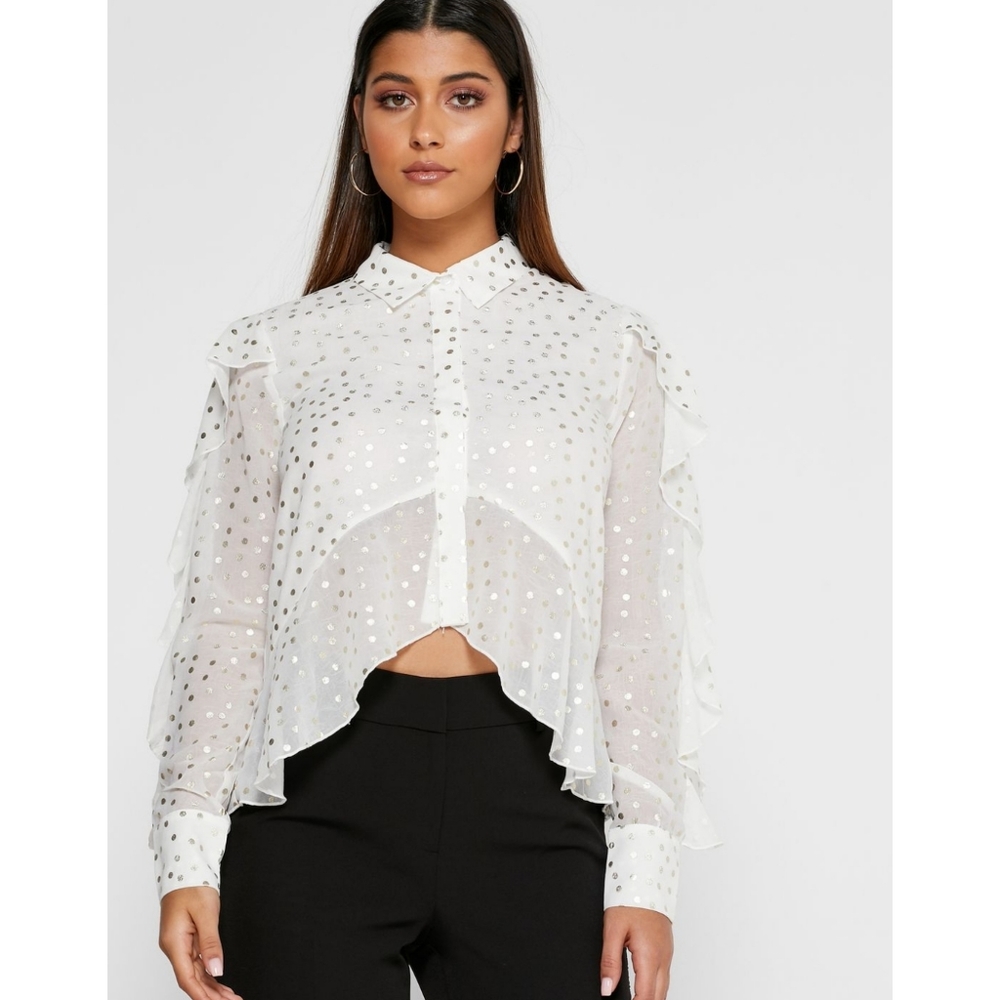 LOST INK Frill Foil Spot Top Asymmetrical Crop Ruffle Sleeve White Gold XS